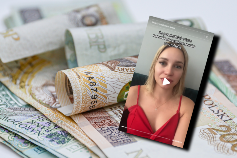 Zbliżenie na polskie banknoty z nałożonym zdjęciem kobiety mówiącej na nagraniu wideo. Zapytałem Policję o potwierdzenie tego oszustwa.
