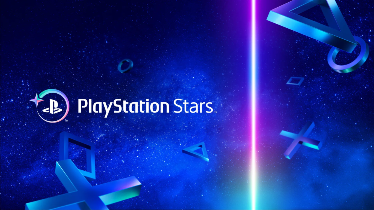 Logo PlayStation Stars na tle kosmosu z symbolami przycisków PlayStation (kwadrat, trójkąt, kółko, X).