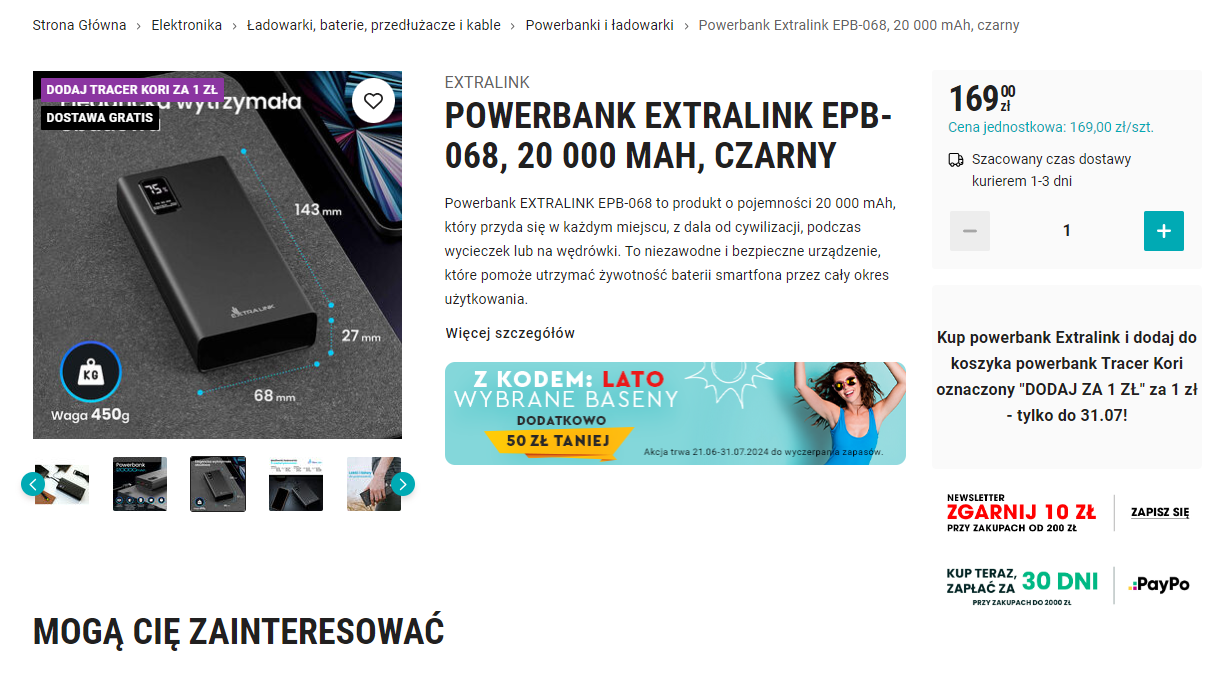 Powerbank Extralink EPB-068, 20 000 mAh, czarny, cena 169 zł, szczegółowe wymiary i waga (143 mm x 68 mm x 27 mm, waga 450 g). Akcja promocyjna z kodem rabatowym.
