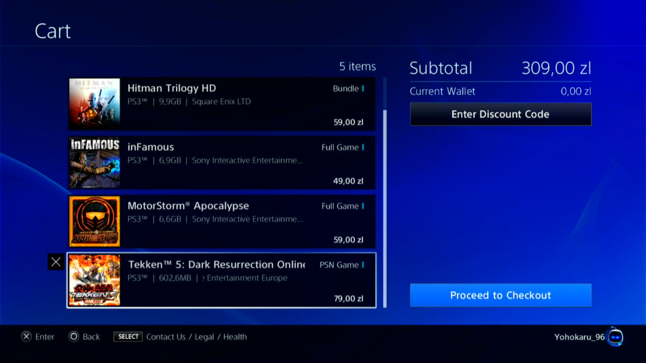 Koszyk zakupów na PlayStation Store z grami: Hitman Trilogy HD, inFamous, MotorStorm Apocalypse, Tekken 5: Dark Resurrection Online; razem 309,00 zł.
