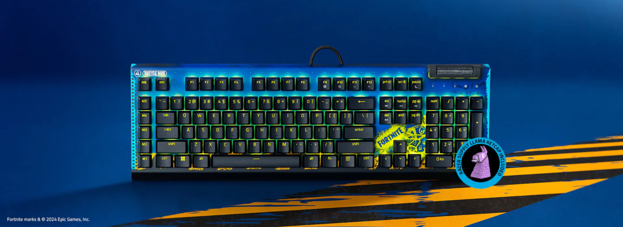 Klawiatura gamingowa Razer w stylu Fortnite z podświetleniem LED i motywem Battle Busa.