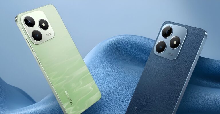 Dwa smartfony realme C63: zielony i niebieski, z trzema aparatami z tyłu, na tle w odcieniach niebieskiego.