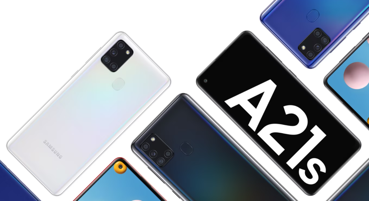 Smartfony Samsung Galaxy A21s w różnych kolorach, widziane z przodu i z tyłu.