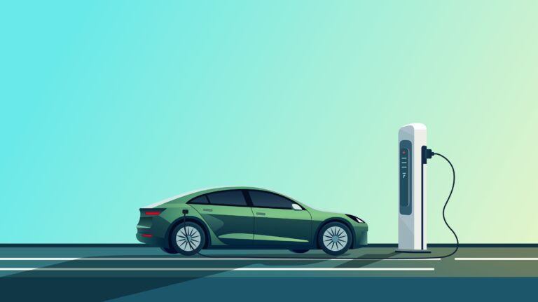 Ilustracja zielonego samochodu elektrycznego ładującego się na stacji ładowania.