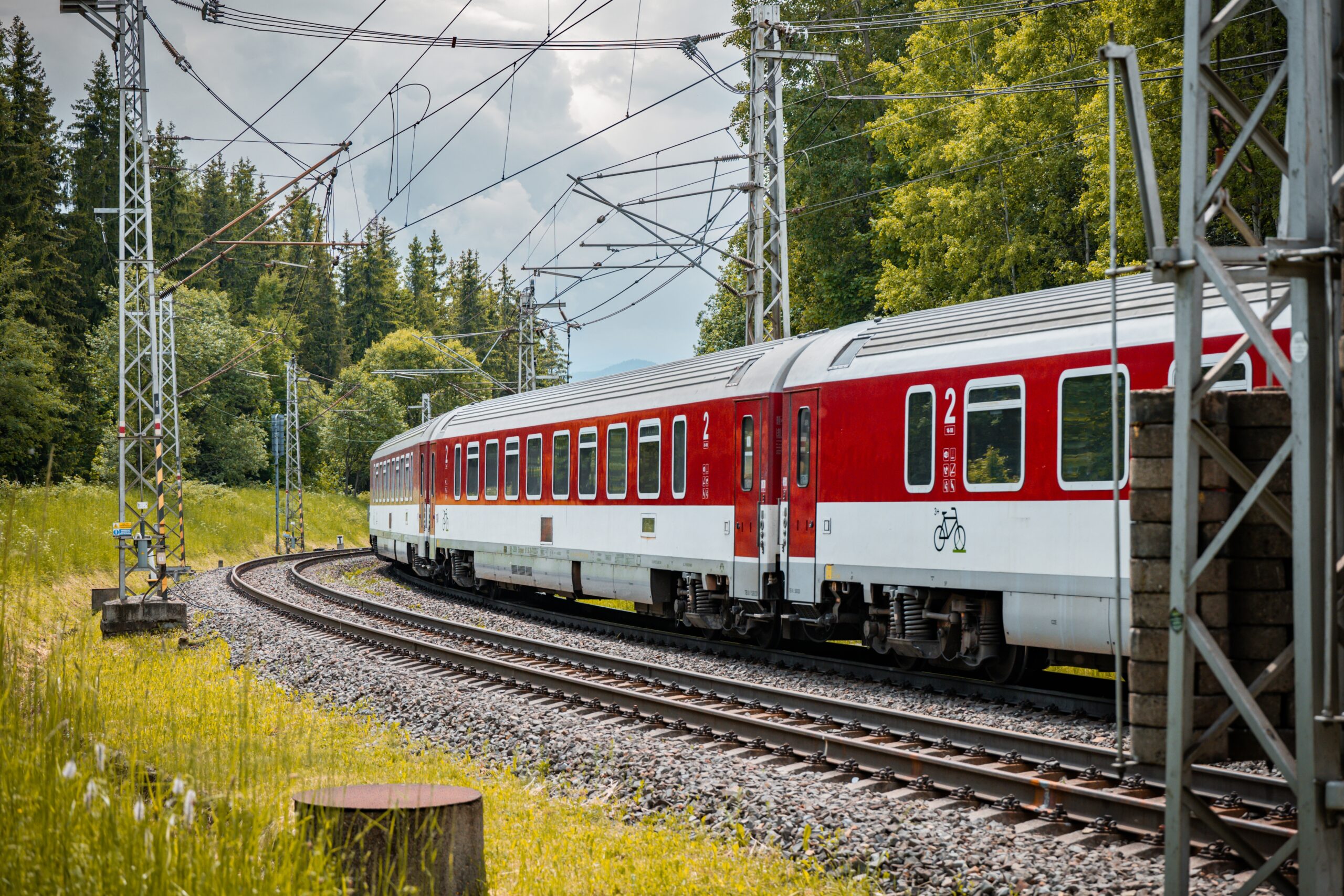 Pociąg pasażerski na torach kolejowych, otoczony zielenią i linią lasu w tle.