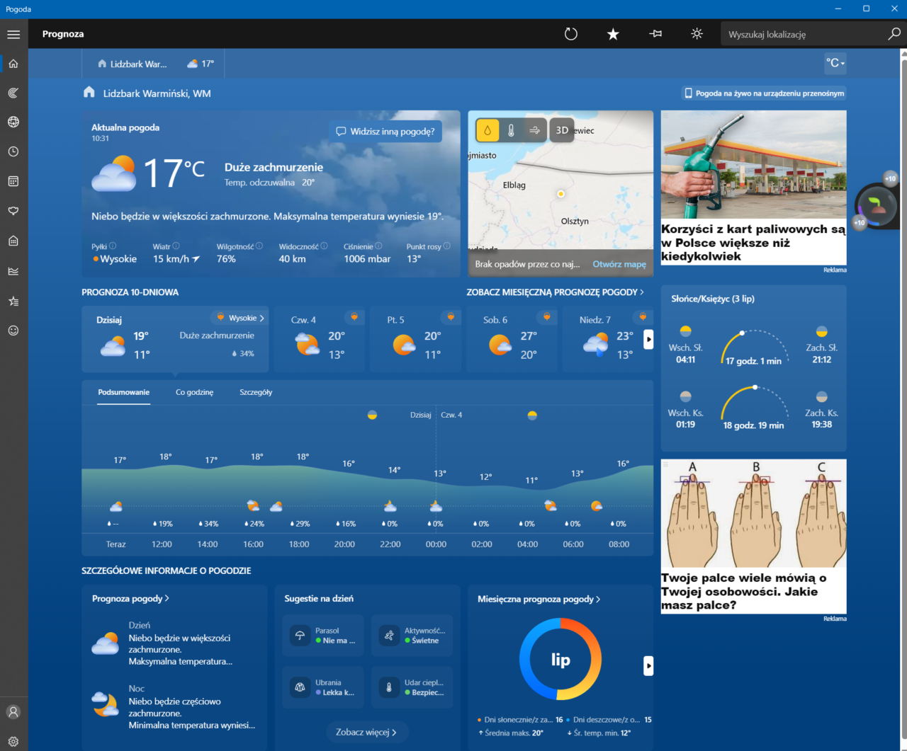 Interfejs aplikacji pogodowej pokazujący prognozę dla Lidzbarka Warmińskiego, WM, z dużym zachmurzeniem i temperaturą 17°C.