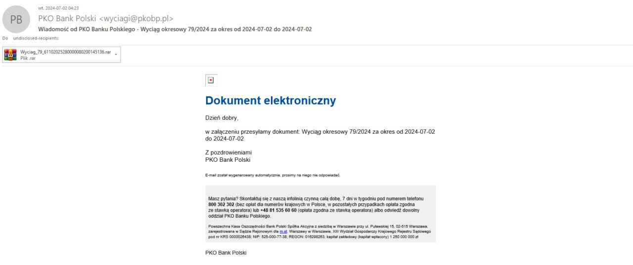 oszustwo wyciąg z banku - E-mail z załączonym dokumentem z PKO Banku Polskiego, tytuł "Dokument elektroniczny", treść dotyczy wyciągu okresowego 79/2024.