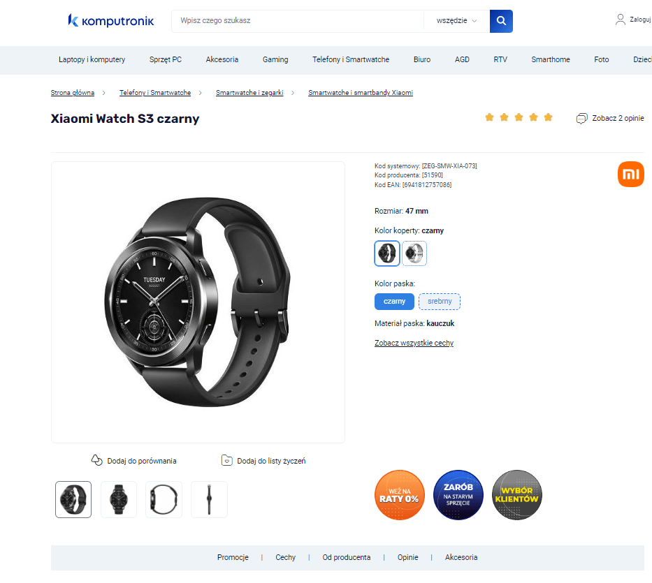 Xiaomi Watch S3 czarny na stronie sklepu Komputronik.