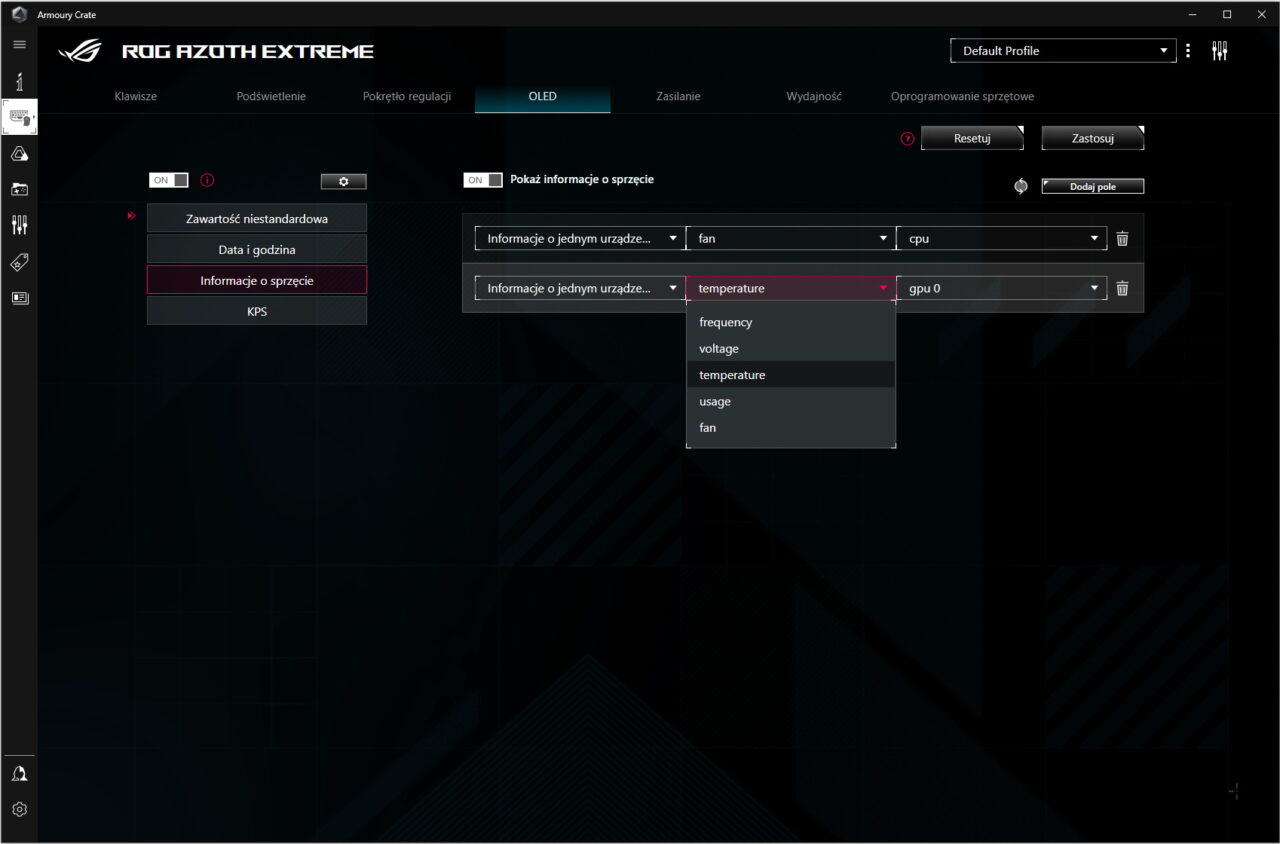 Armoury Crate – możliwość wyświetlania informacji systemowych na ekranie OLED