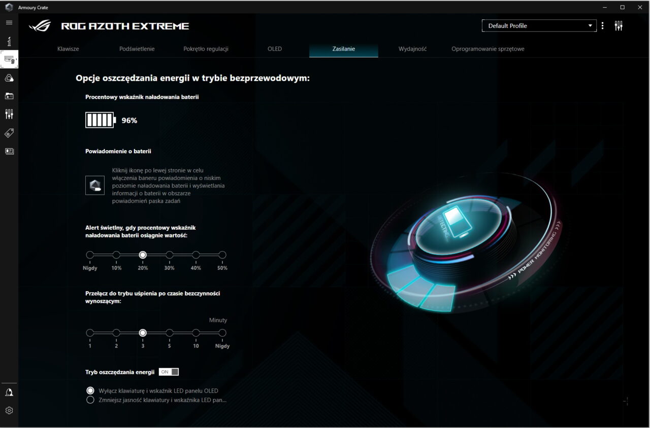 Ekran "Opcje oszczędzania energii w trybie bezprzewodowym" w oprogramowaniu Armoury Crate dla urządzenia ROG Azoth Extreme z aktywną funkcją zasilania i naładowaniem baterii na poziomie 96%.
