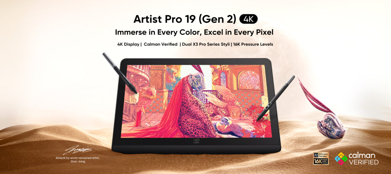 Tablet graficzny XP-Pen Artist Pro 19 (Gen 2) z wyświetlaczem 4K, wizerunek z barwną grafiką na ekranie, dwa pióra cyfrowe, logo Calman Verified w prawym dolnym rogu.