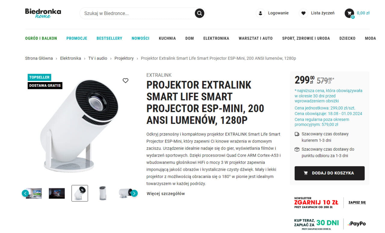 alternatywa dla tv - Projektor Extralink Smart Life Smart Projector ESP-Mini, 200 ANSI lumenów, 1280p na stronie internetowej Biedronka Home.