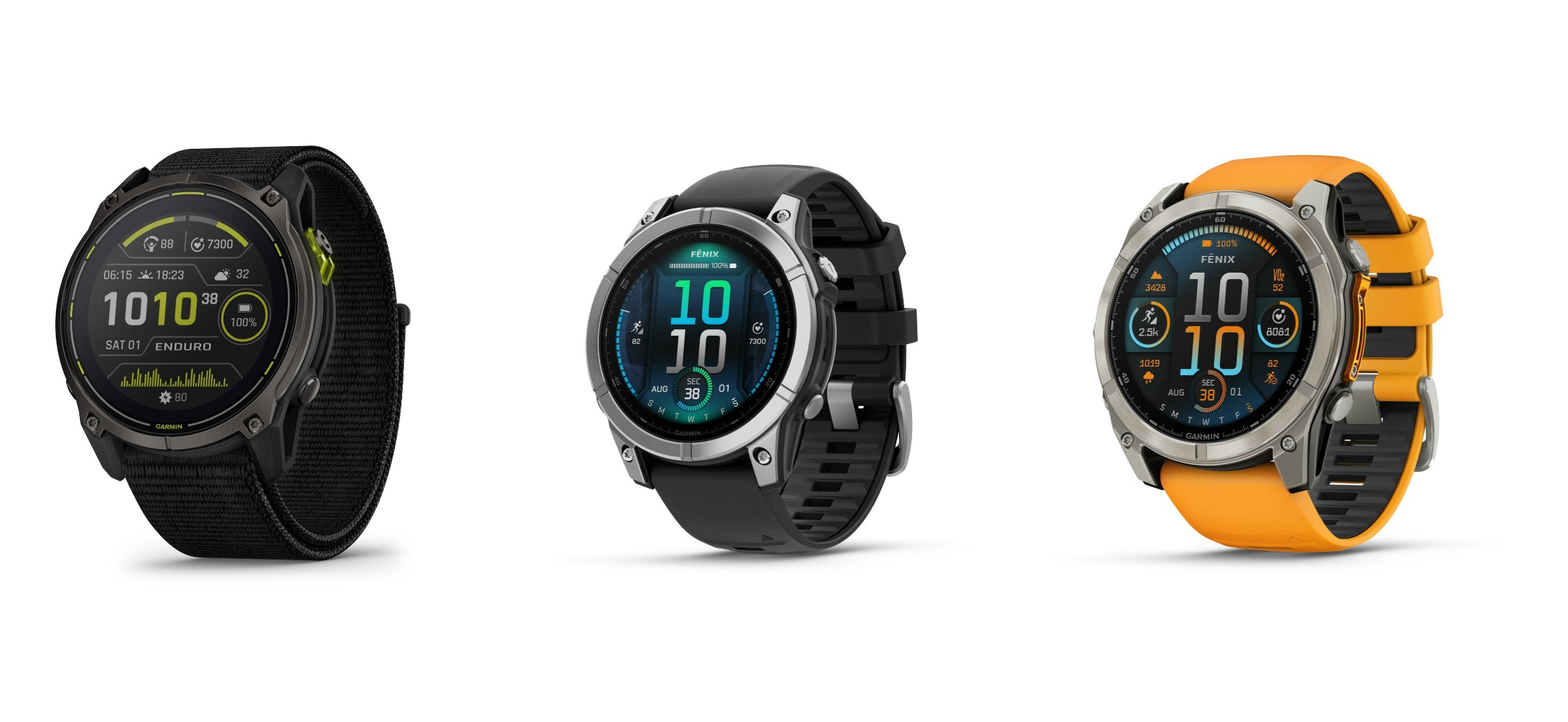 Trzy smartwatche Garmin. Po lewej model z czarnym paskiem, pośrodku model z czarno-srebrnym paskiem, po prawej model z żółto-czarnym paskiem.