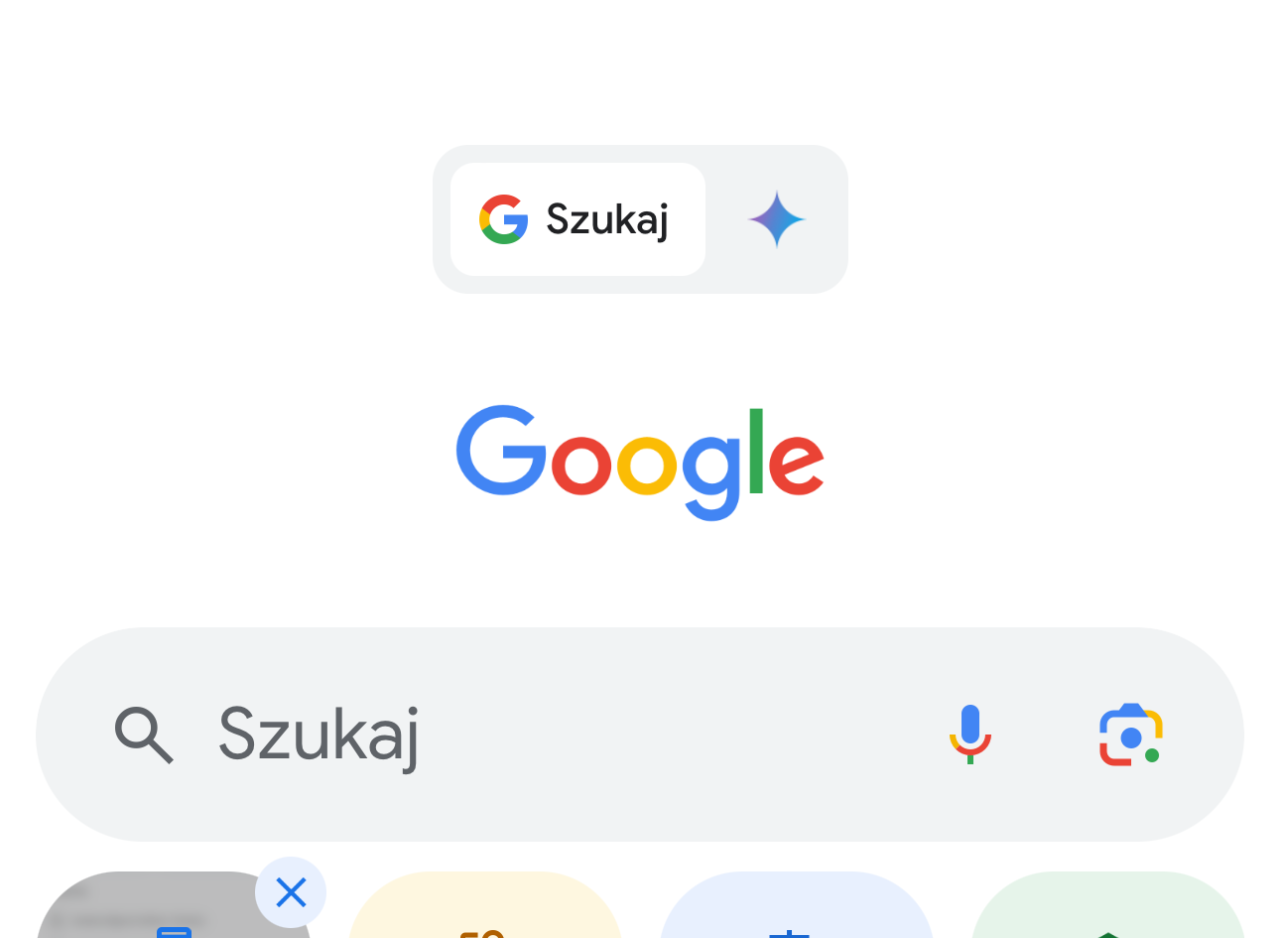 Interfejs aplikacji Google z polem wyszukiwania i przyciskami.