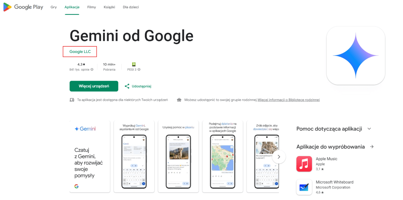 Sklep Google Play z aplikacją Gemini od Google, opracowaną przez Google LLC, z oceną 4,3 gwiazdki na podstawie 841 tys. opinii. Więcej niż 10 mln pobrań.