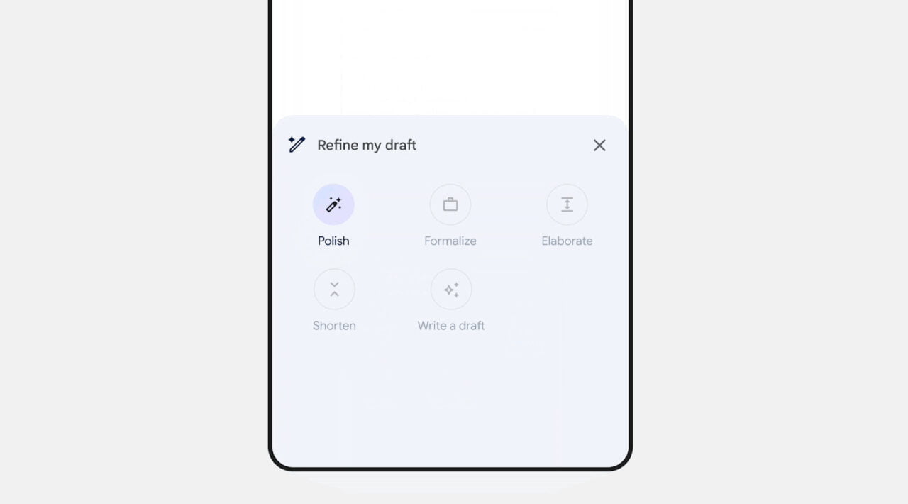 Interfejs aplikacji na telefonie z opcjami do edytowania szkicu: "Polish", "Formalize", "Elaborate", "Shorten", "Write a draft".
