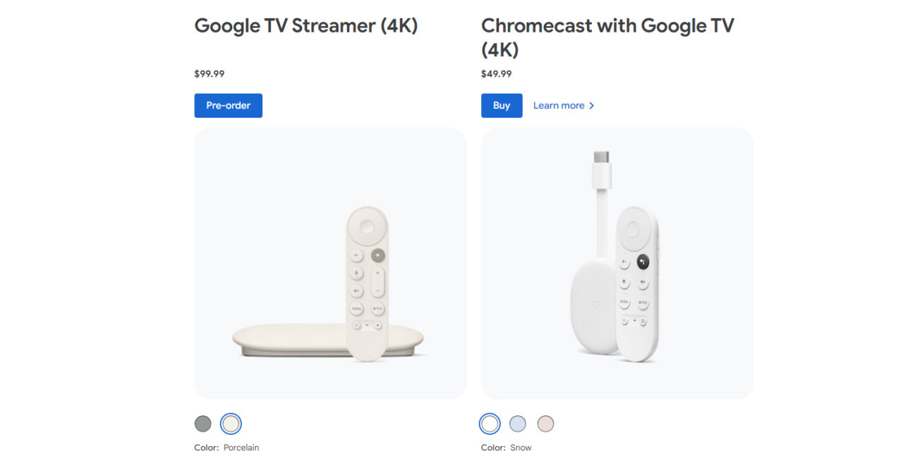 Google TV Streamer (4K) i Chromecast with Google TV (4K) obok siebie, każdy z pilotem, z przyciskami "Pre-order" i "Buy". Dostępne kolory: Porcelain i Snow.