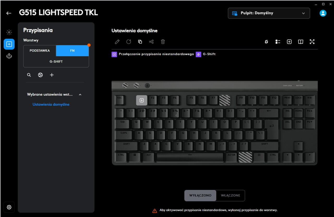 Oprogramowanie G HUB dla klawiatury mechanicznej Logitech G515 LIGHTSPEED TKL z interfejsem ustawień makr i warstw dla klawiszy.