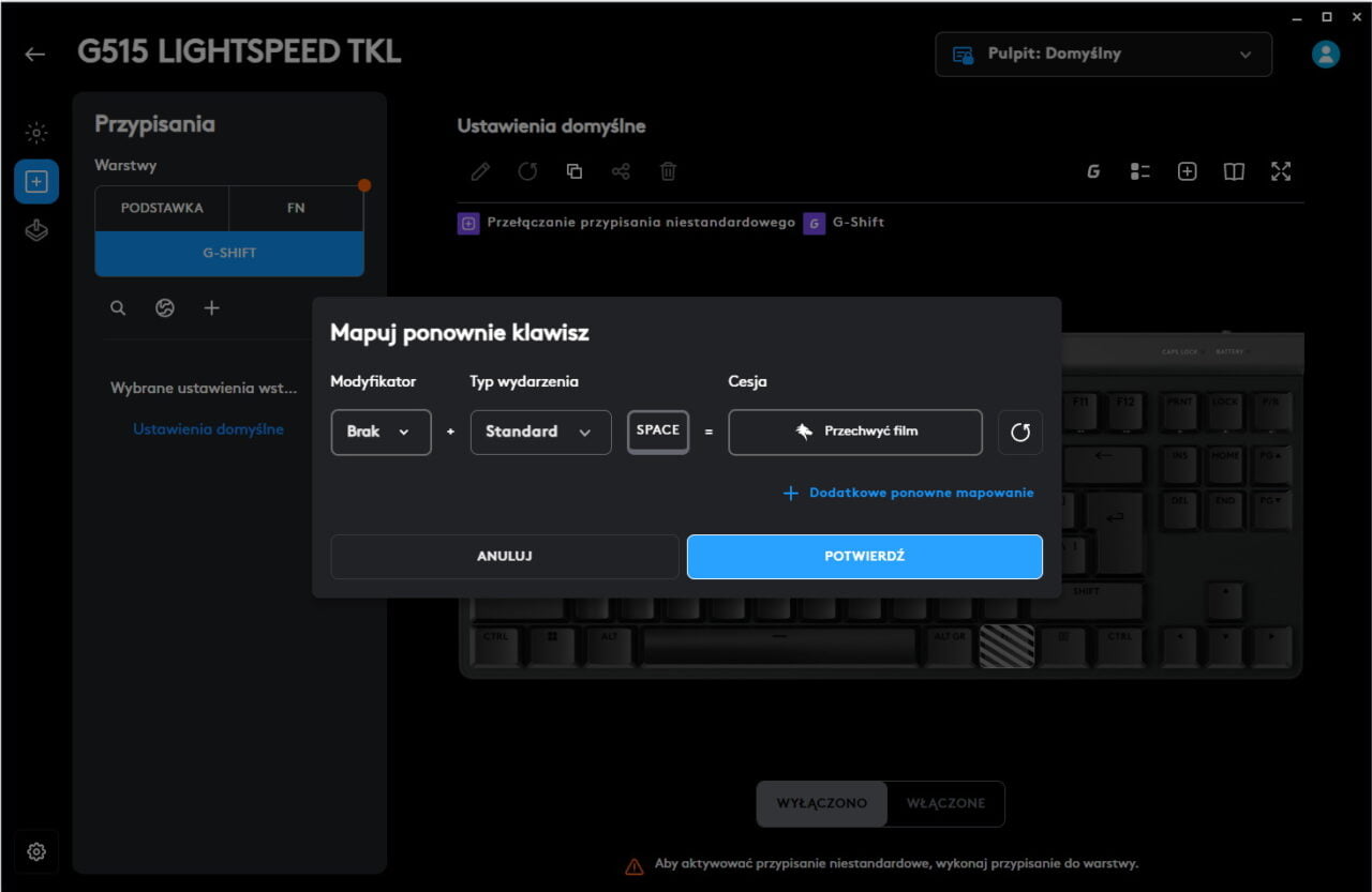 Ekran oprogramowania Logitech G HUB z widokiem na przypisanie klawisza w klawiaturze G515 LIGHTSPEED TKL. Wyskakujące okienko z opcjami ponownego mapowania klawisza.