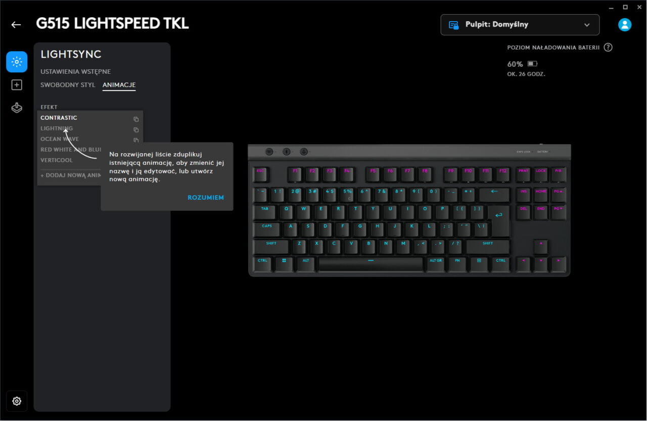 Oprogramowanie do konfiguracji klawiatury G515 Lightspeed TKL z podświetleniem i ustawieniami animacji.