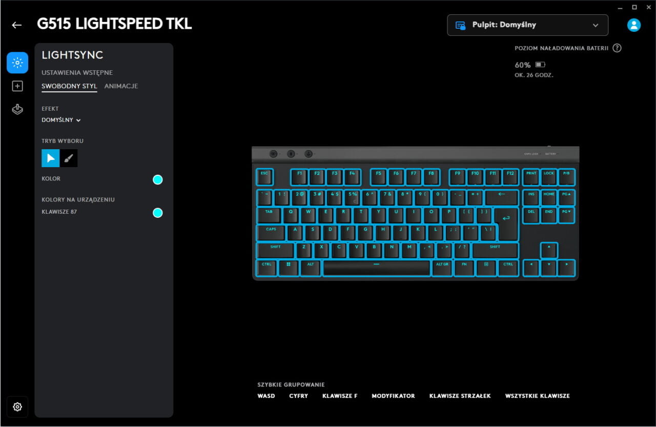 Interfejs oprogramowania Logitech do konfiguracji klawiatury Logitech G515 LIGHTSPEED TKL z ustawieniami podświetlenia w stylu swobodnym.