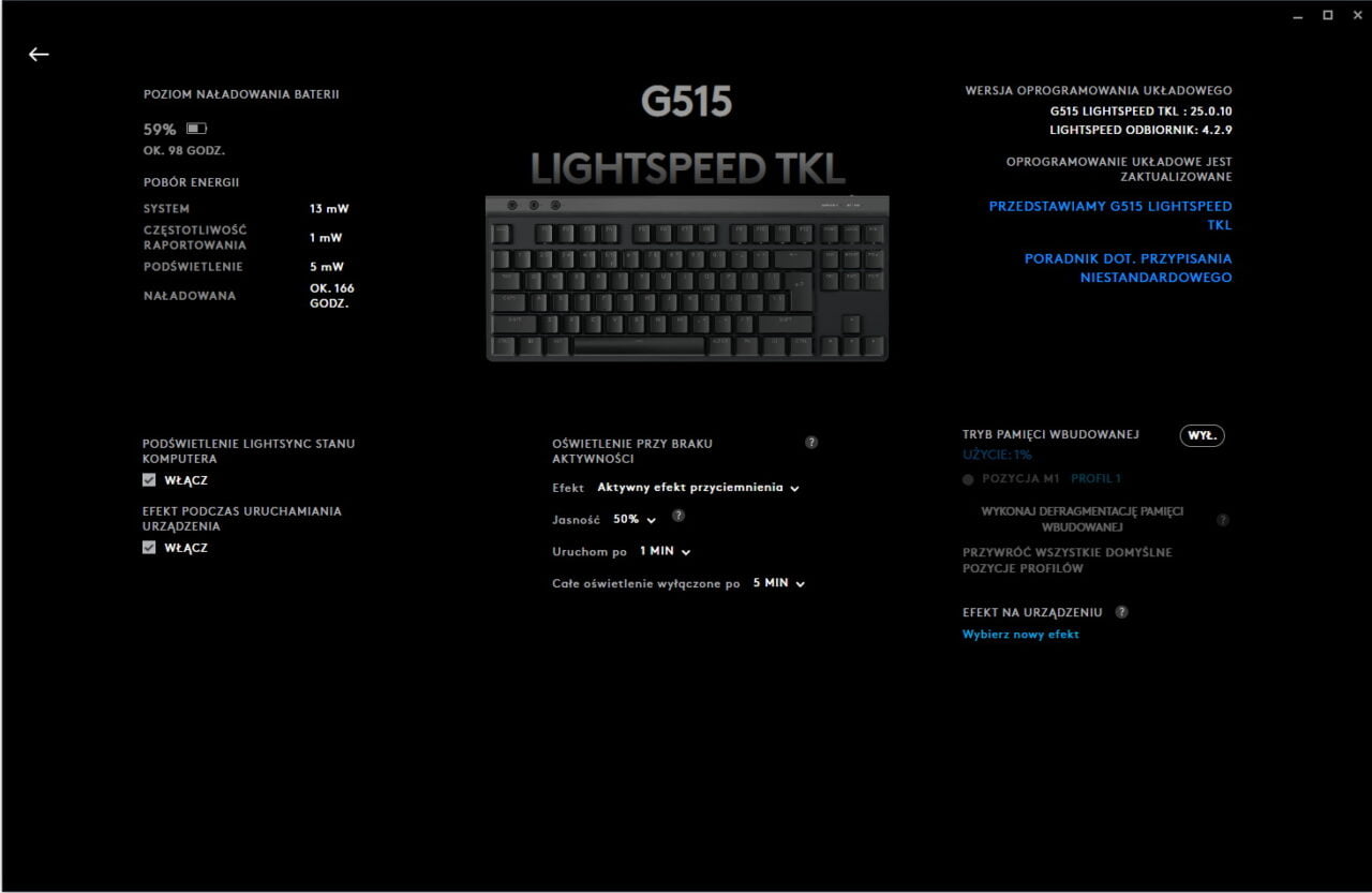 Interfejs oprogramowania pokazujący informacje dotyczące klawiatury G515 LIGHTSPEED TKL, jej poziomu naładowania baterii, poboru energii, stanu podświetlenia oraz trybu pamięci wbudowanej.