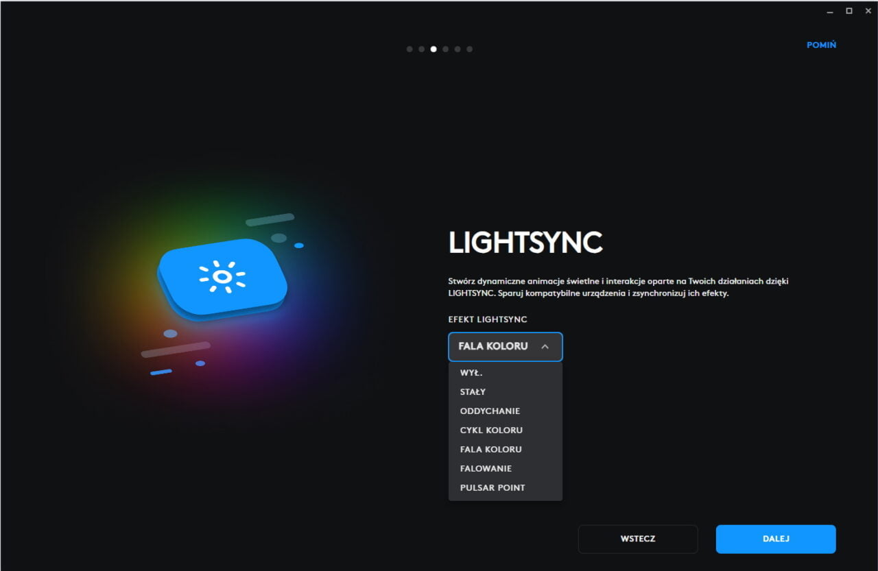 Ekran ustawień oprogramowania LIGHTSYNC, opcje efektu świetlnego, lista rozwijana z wybranym "FALA KOLORU".