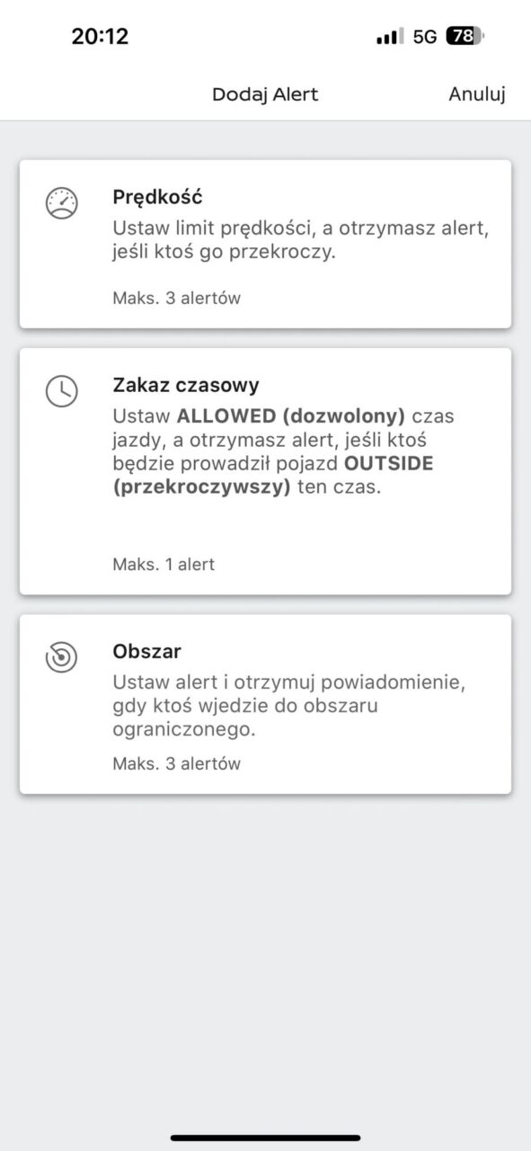 Zrzut ekranu z aplikacji na smartfonie, gdzie wyświetlane są trzy rodzaje alertów: "Prędkość", "Zakaz czasowy" i "Obszar".