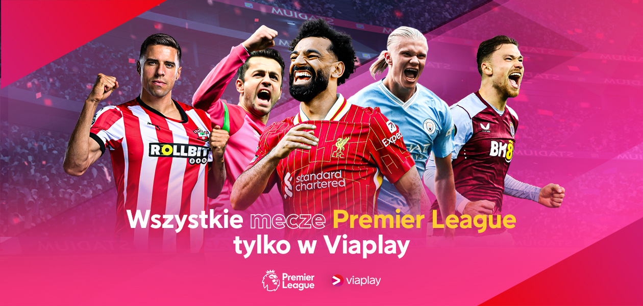 Wszyscy piłkarze na boisku, tekst: "Wszystkie mecze Premier League tylko w Viaplay".