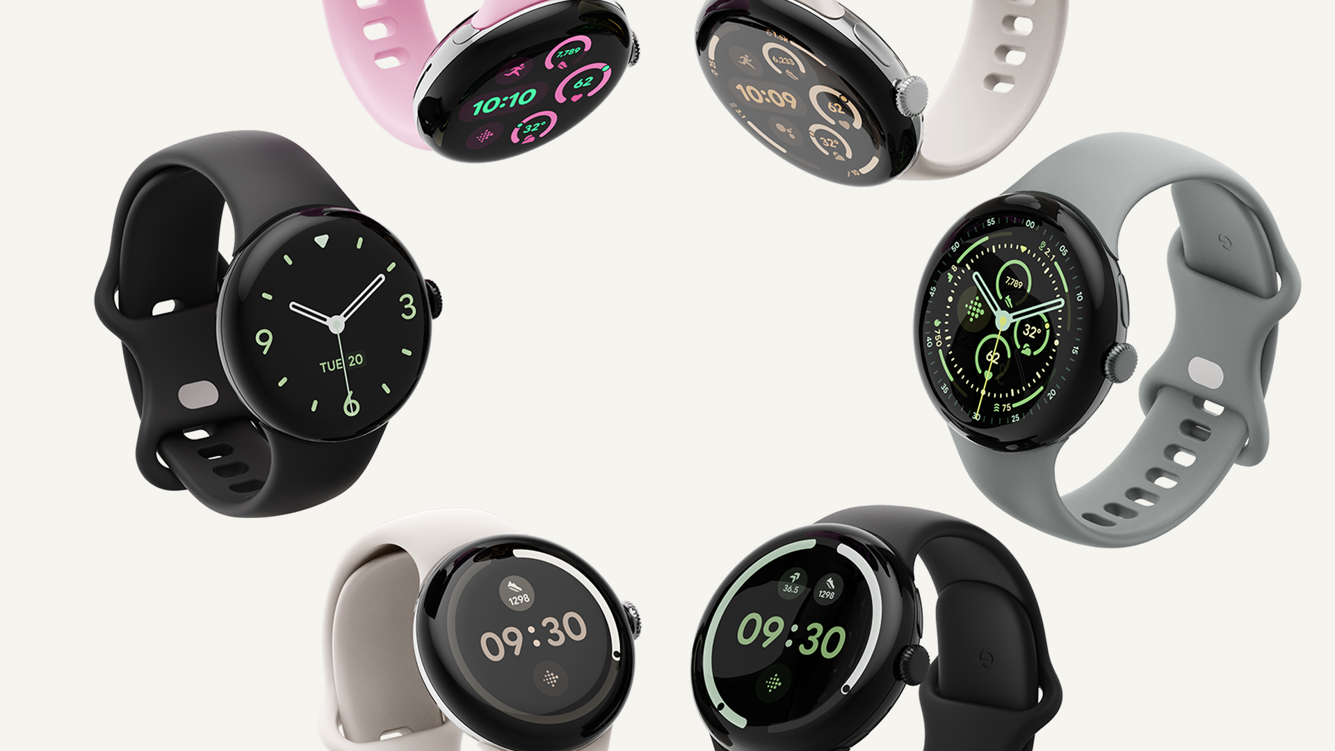 Smartwatche Google Pixel Watch 3 w różnych kolorach i stylach wyświetlające różne tarcze zegarka.