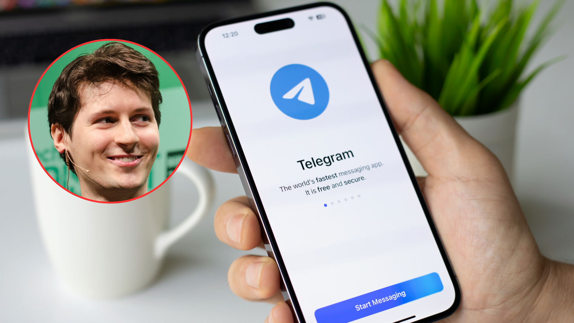 Osoba trzymająca telefon z aplikacją Telegram, w rogu zdjęcie Durova w okrągłej ramce.