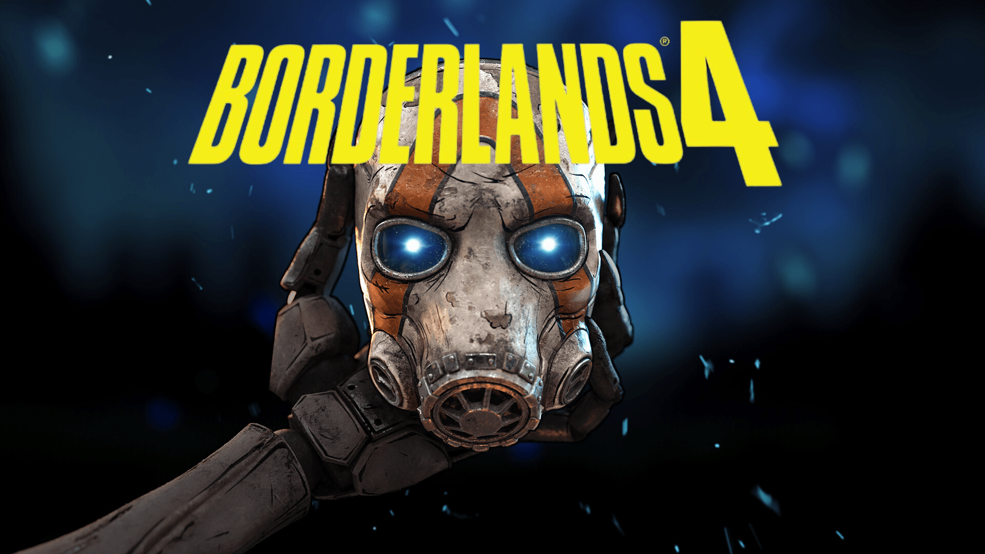 Logo Borderlands 4 z mechaniczną ręką trzymającą maskę z niebieskimi świecącymi oczami na ciemnym tle.