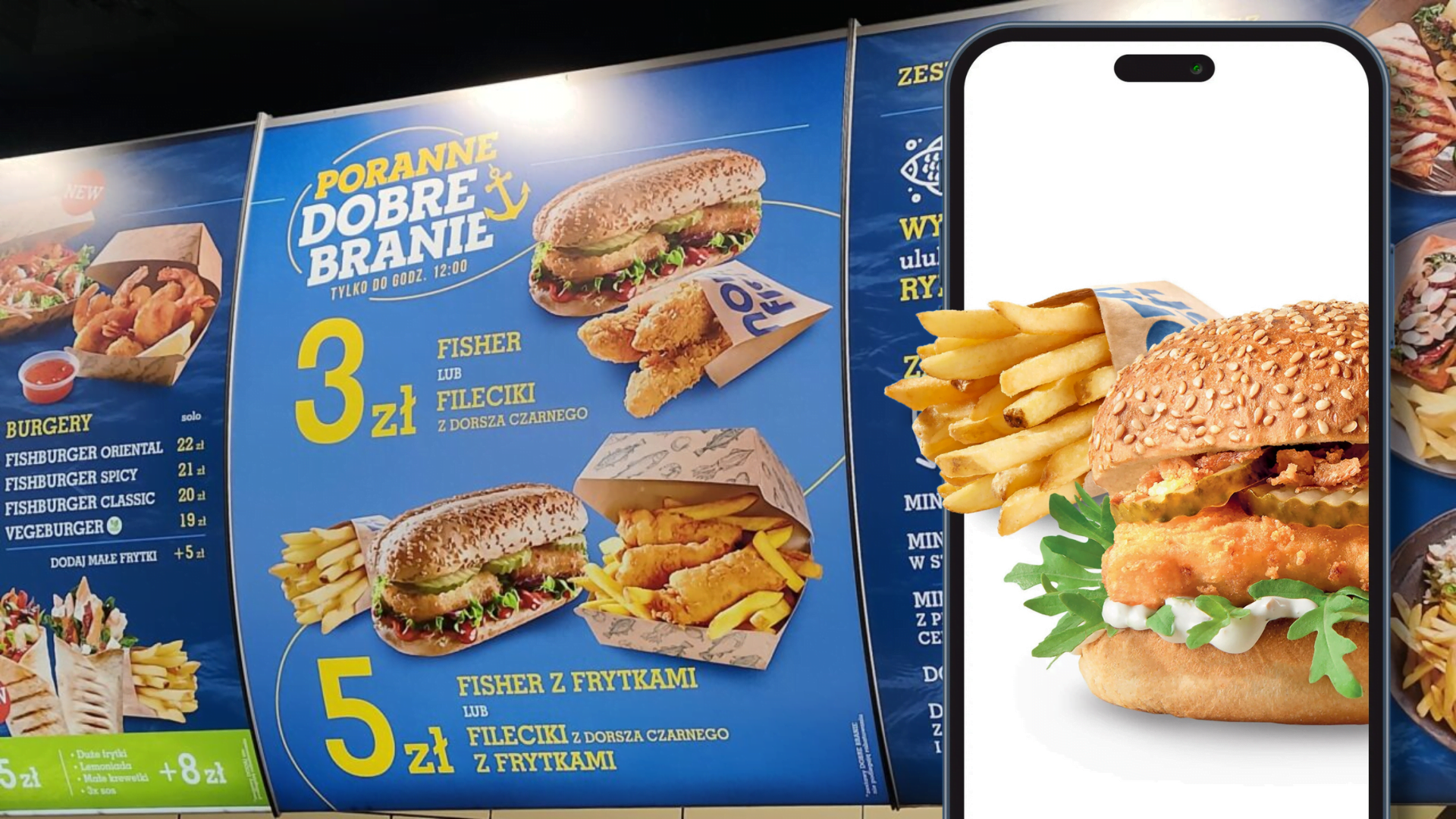 Menu restauracji fast food z promocjami porannymi, w tym kanapki rybne, zestawy z frytkami i zestawy burgerów.