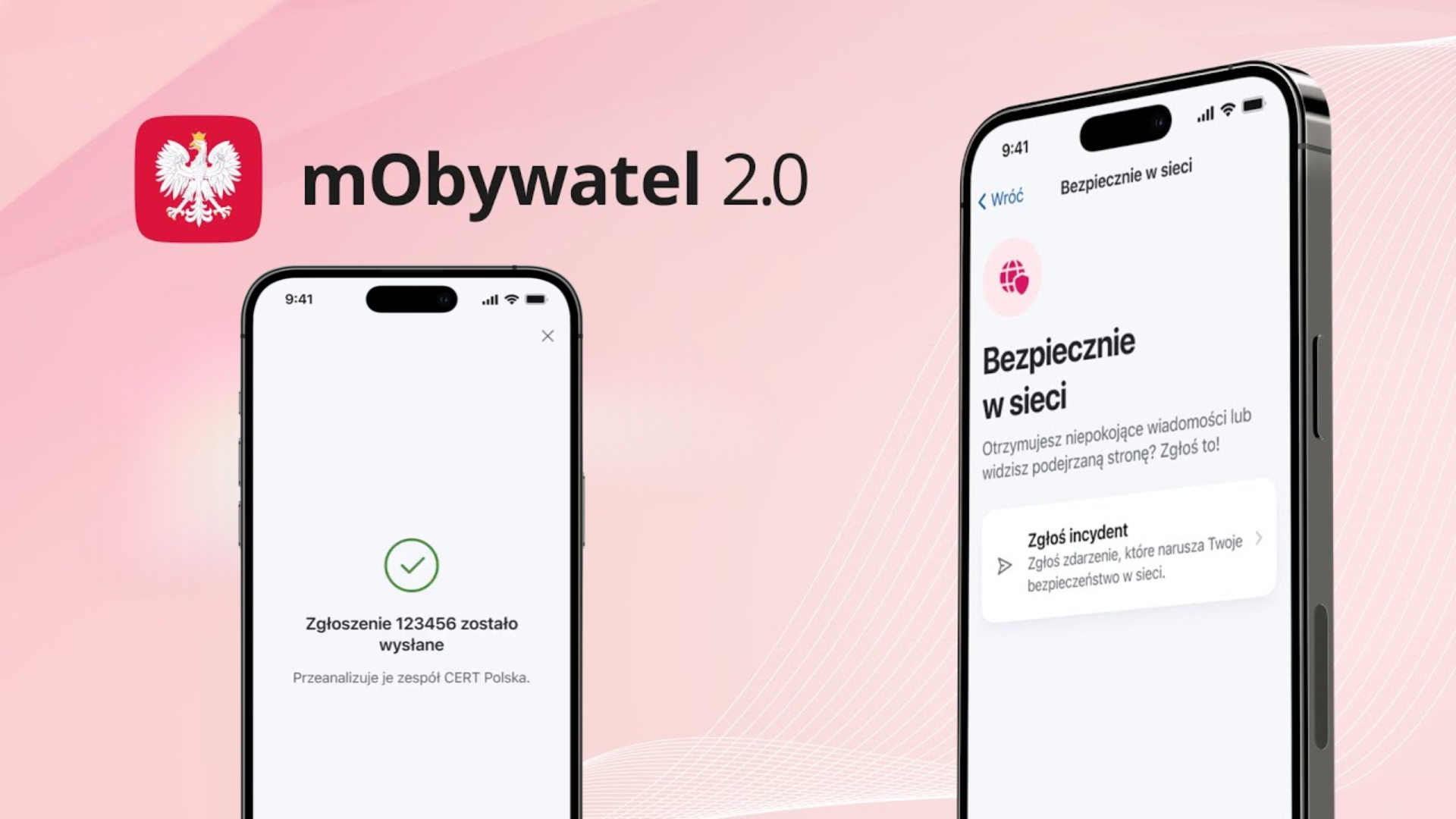 Aplikacja mObywatel 2.0 na dwóch ekranach smartfonów z funkcją zgłaszania incydentów internetowych.