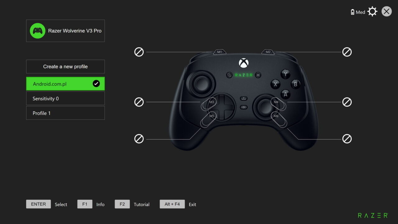 Interfejs oprogramowania Razer Wolverine V3 Pro pokazujący kontroler do gier z zaznaczonym profilem "Android.com.pl" i ustawieniami czułości.