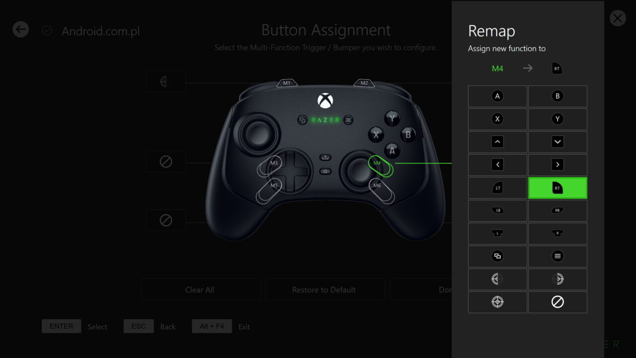 Ekran przypisywania przycisków kontrolera Xbox Razer pokazujący mapowanie funkcji M4 na przycisk RT.
