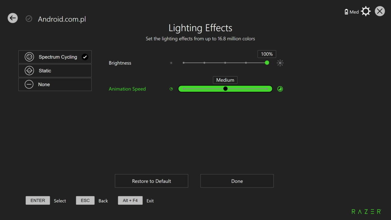 Ekran ustawień efektów świetlnych Razer z opcjami "Spectrum Cycling", "Static", "None", regulacją jasności i prędkości animacji.