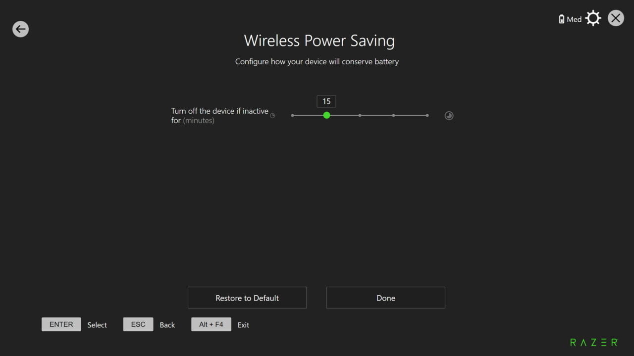 Okno opcji oszczędzania energii bezprzewodowej z suwakiem i przyciskami „Restore to Default” oraz „Done”.