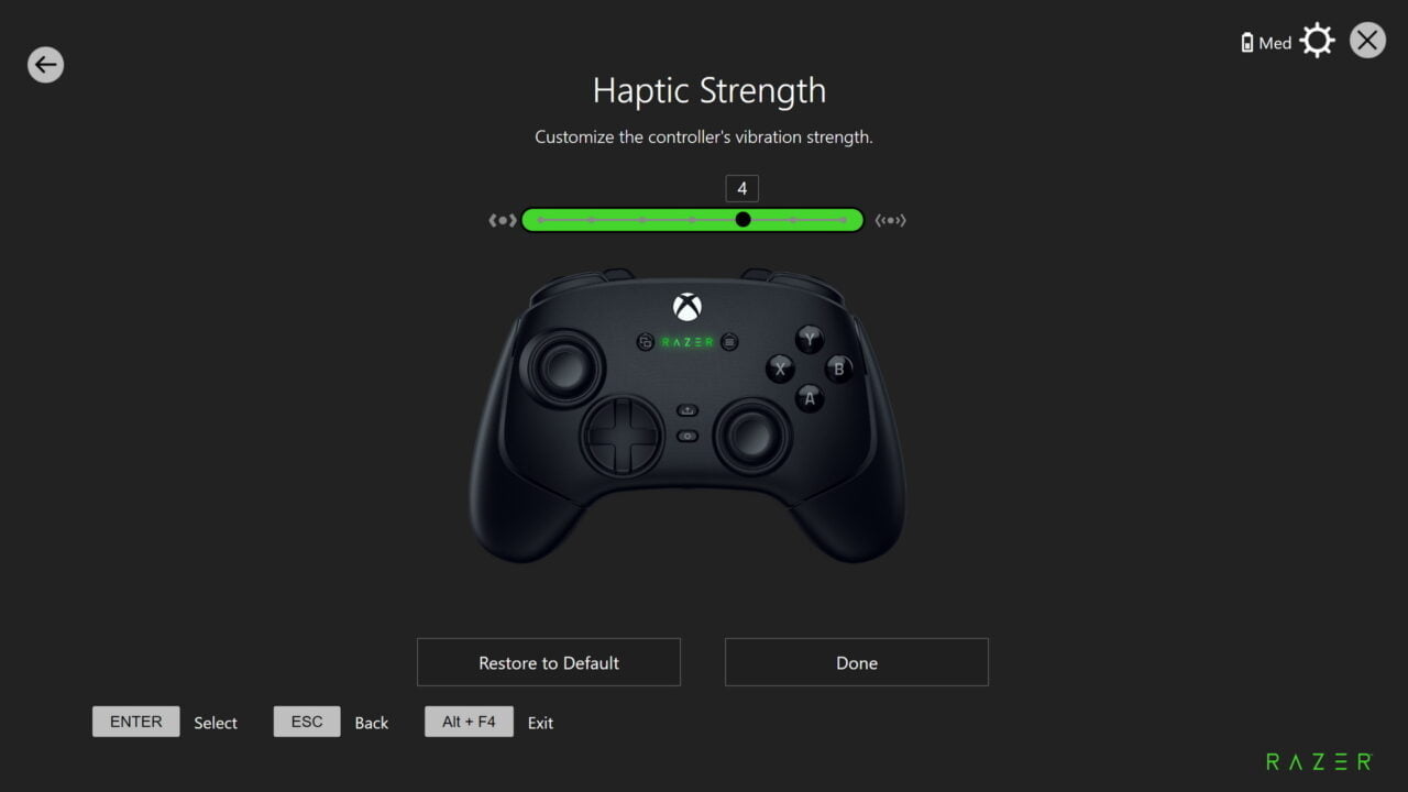 Ekran dostosowywania siły wibracji pada z opcjami ENTER (Wybierz), ESC (Wstecz), Alt + F4 (Wyjdź) oraz przyciskami "Restore to Default" i "Done".