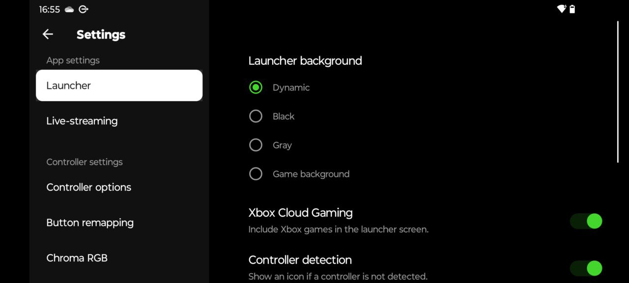 Ustawienia menu z opcjami tła dla launchera, w tym Dynamiczne, Czarne, Szare i Tło gry, oraz opcje dla Xbox Cloud Gaming i wykrywania kontrolera.