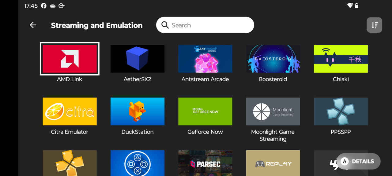 Ekran aplikacji do streamingu i emulacji, wyświetla ikony takich aplikacji jak: AMD Link, AetherSX2, Antstream Arcade, Boosteroid, Chiaki, Citra Emulator, DuckStation, GeForce Now, Moonlight Game Streaming i PPSSPP.