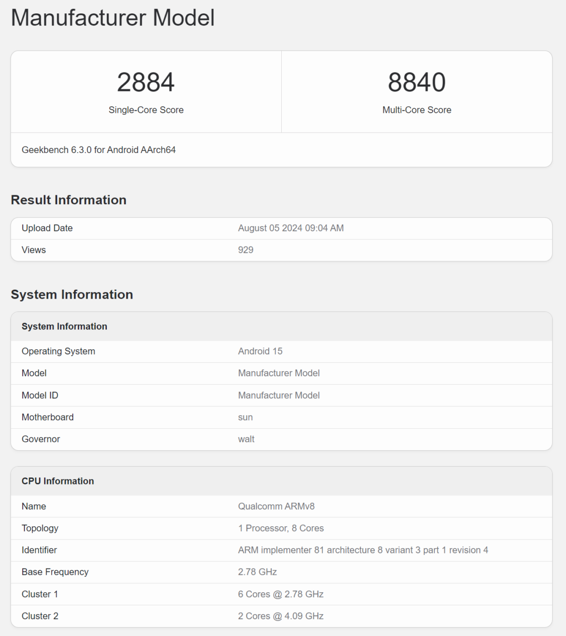 Model badania wydajności Geekbench urządzenia z systemem Android 15. Wyniki: 2884 (pojedynczy rdzeń), 8840 (wielordzeniowy). Procesor: Qualcomm ARMv8, 8 rdzeni (6 rdzeni @ 2.78 GHz, 2 rdzenie @ 4.09 GHz).