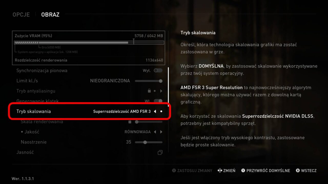 Ekran ustawień obrazu z wybranym trybem skalowania "Superrozdzielczość AMD FSR 3".