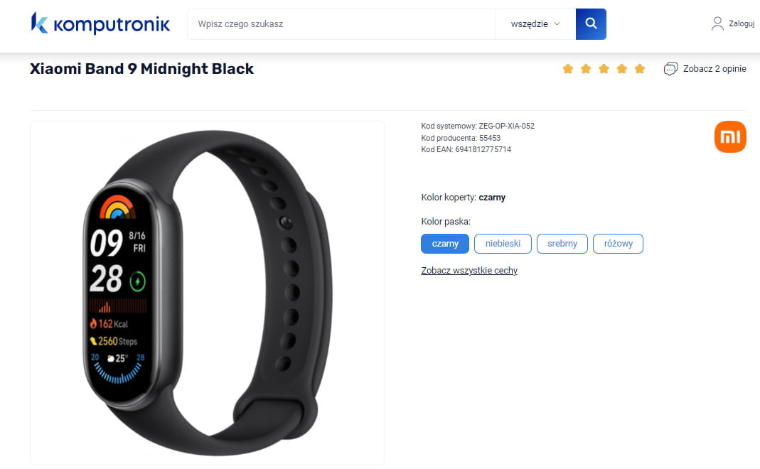 Oficjalna strona Komputronik z ofertą Xiaomi Band 9 Midnight Black, widoczny czarny zegarek z kolorowym wyświetlaczem oraz opcje wyboru koloru paska.