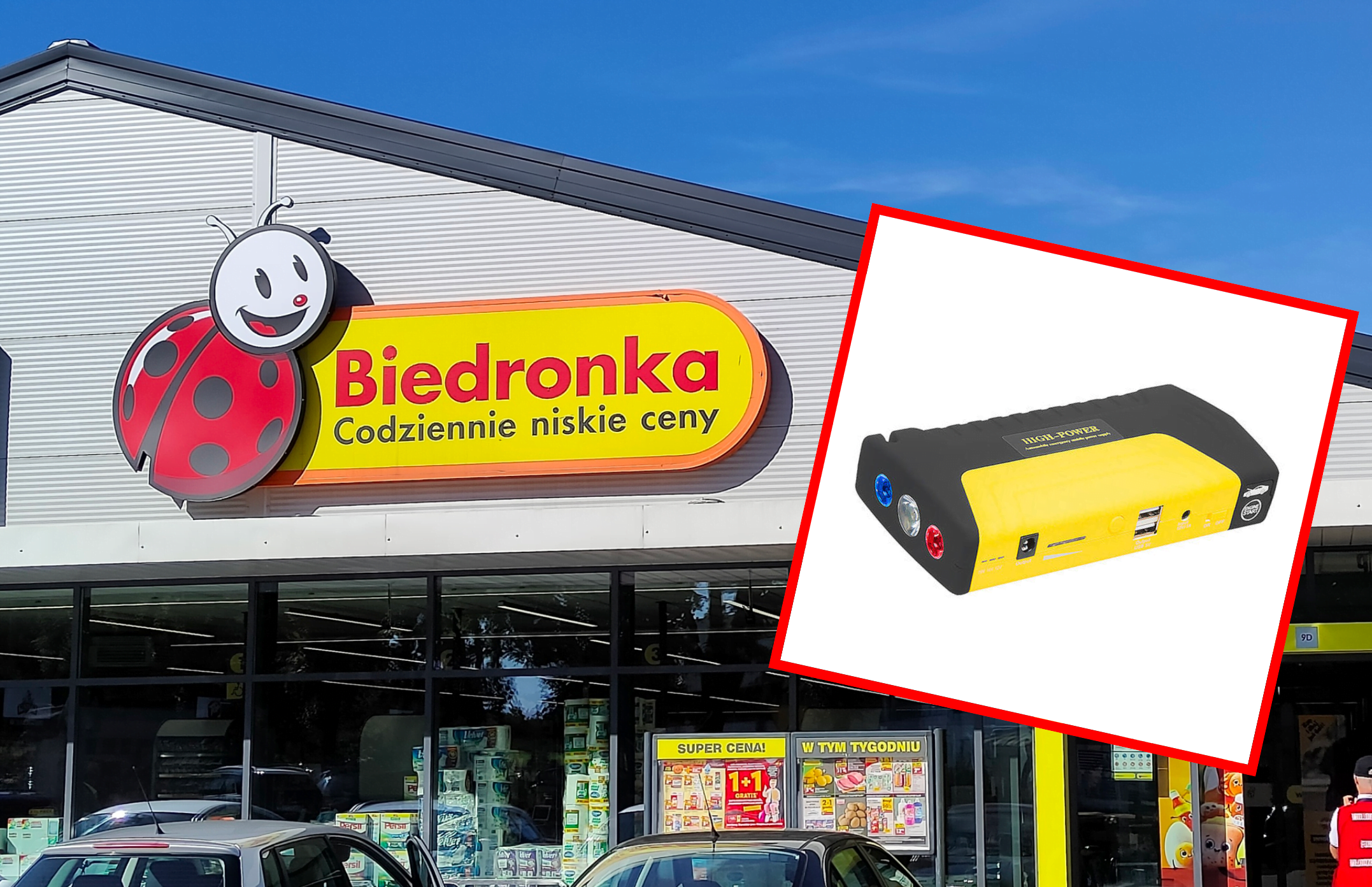 Sklep Biedronka z logo biedronki i sloganem "Codziennie niskie ceny" oraz urządzenie jump starter.