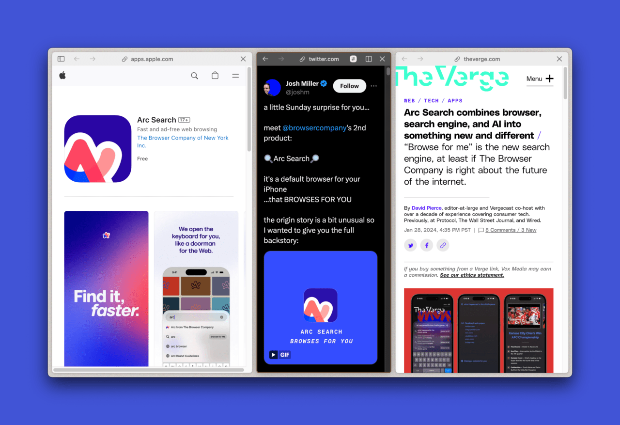 Zrzut ekranu przedstawiający trzy otwarte okna przeglądarki na niebieskim tle. Od lewej: strona aplikacji Arc Search w App Store, tweet, artykuł na stronie The Verge.