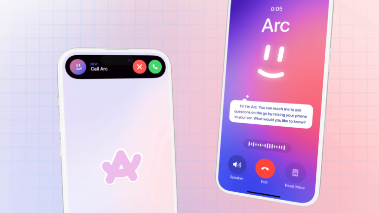 Dwa smartfony z aplikacją do rozmów, na jednym ekranie widoczny jest napis „Call Arc”, a na drugim ekranie emotikonka uśmiechu i tekst: „Hi! I'm Arc. You can reach me to ask questions on the go by raising your phone to your ear. What would you like to know?”.