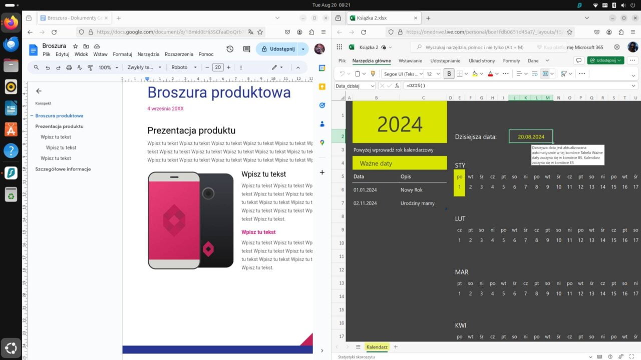 Ekran z dwiema otwartymi aplikacjami: po lewej Google Docs z dokumentem "Broszura produktowa", po prawej Microsoft Excel z kalendarzem na rok 2024.