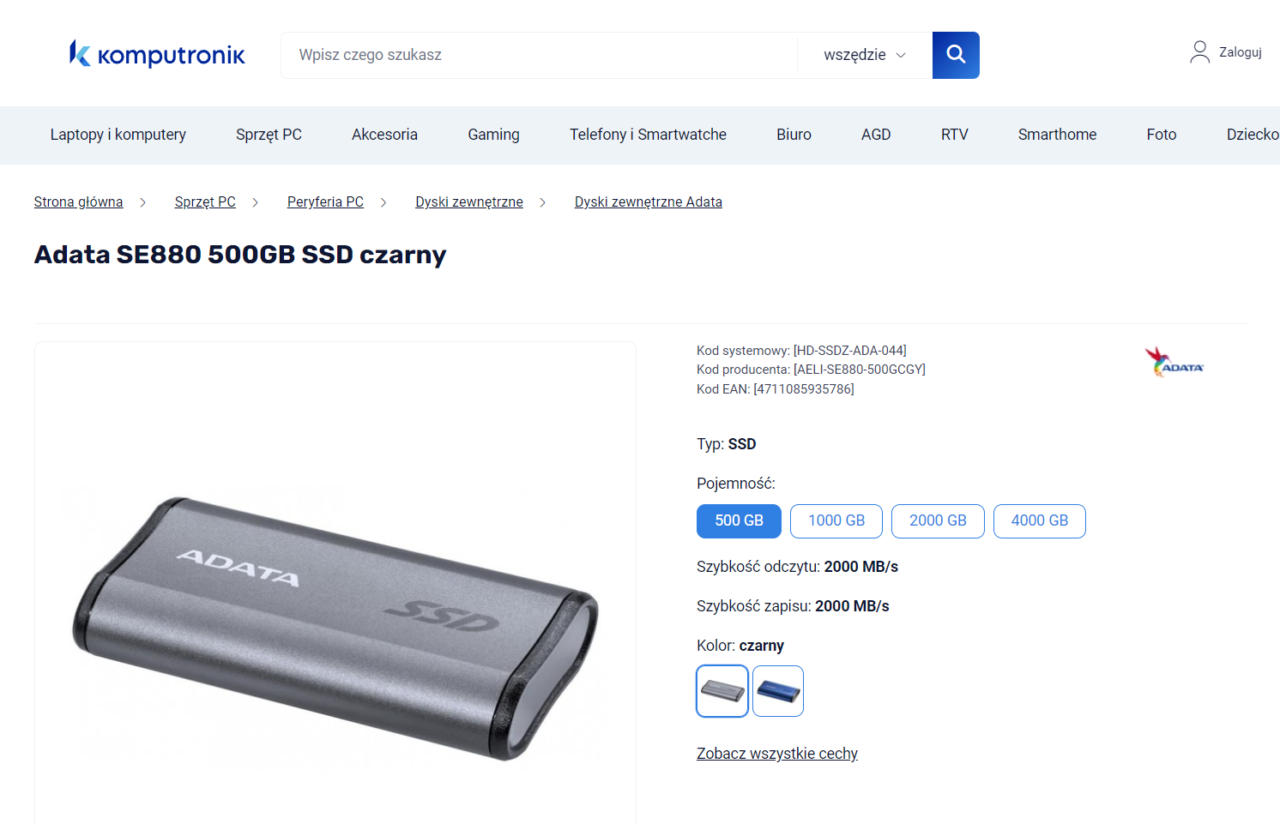 Adata SE880 500GB SSD czarny na stronie sklepu Komputronik.