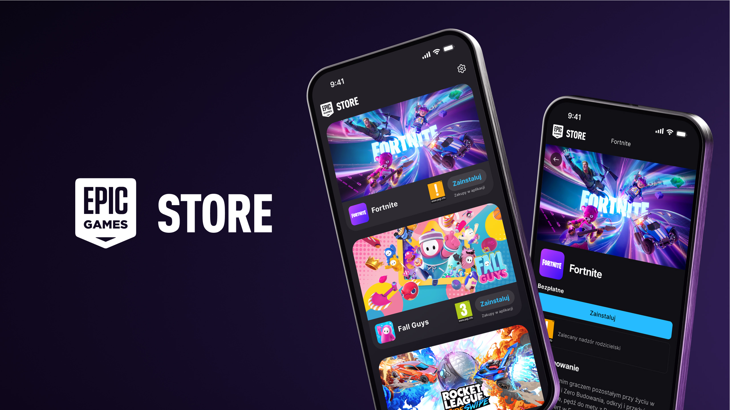 Logo Epic Games Store oraz dwa smartfony z aplikacją Epic Games Store, wyświetlające gry Fortnite, Fall Guys i Rocket League.